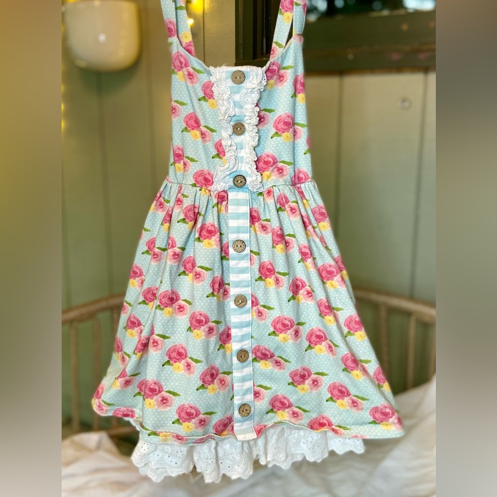 Girls' Light Blue Floral Button-Front Sundress with Pink Roses